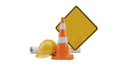 Conceptual rendering of construction and safety elements with a traffic cone isolated transparent