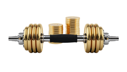 Golden dumbbell with money stacks symbolizing financial strength and investments for future wealth