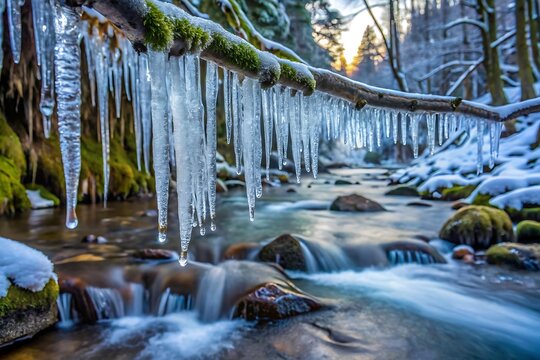Icicles hanging from a tree branch over a flowing stream in a winter forest