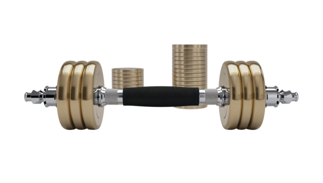 Opulent golden dumbbell symbolizing wealth and fitness on transparent canvas
