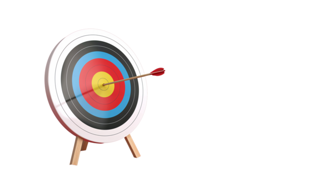 Precision archery target with bullseye hit, isolated on a minimalist background with clear