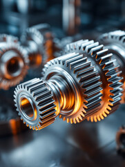 Precision-engineered metal gears with intricate teeth and warm lighting highlighting their texture