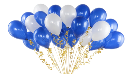 Blue and White Balloons with Gold Ribbons on Transparent Background