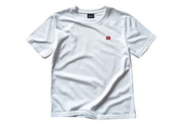 Simple white t-shirt with a small red logo displayed on a plain background