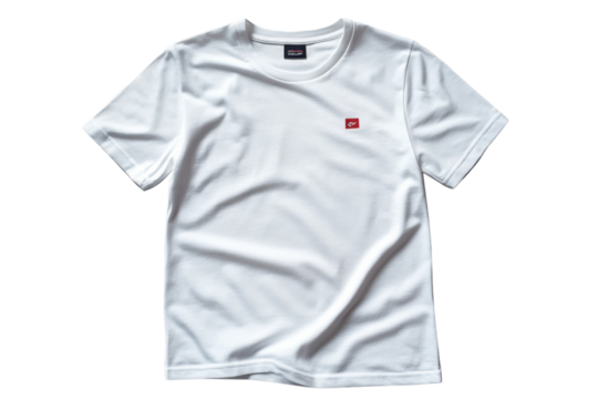 Simple white t-shirt with a small red logo displayed on a plain background