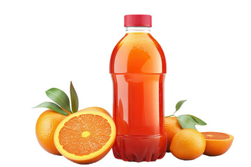 Refreshing orange juice bottle surrounded by ripe oranges on a clean surface, emphasizing vibrant colors and freshness suitable for various uses like breakfast or snacks