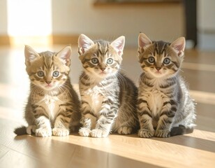 Three Little Kittens Sitting Together &ndash; Natural Sunlight, Copy Space, Wooden Floor