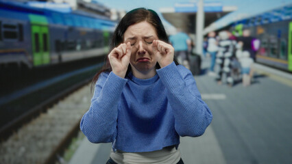 Woman gestures tearfully on busy train station platform with blurred crowd and train in background outdoors