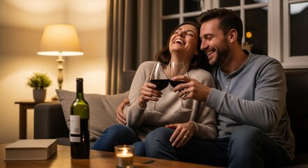 Laughing couple clinking wine glasses on sofa in cozy living room with warm lighting and homey accents, concept for romantic getaway, intimate celebration and relationship moments