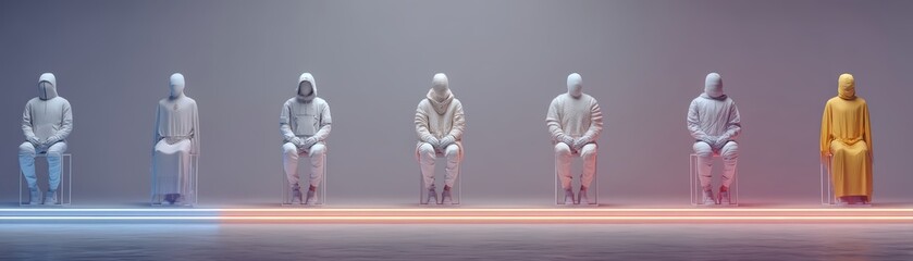 Obraz premium A row of faceless figures in varying colors, seated and hooded, with vibrant light streaks below them, suggesting themes of identity and individuality, American Indian Heritage Day with AI