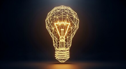 Elegant glowing golden wireframe light bulb on dark background, luxury tech teaser design