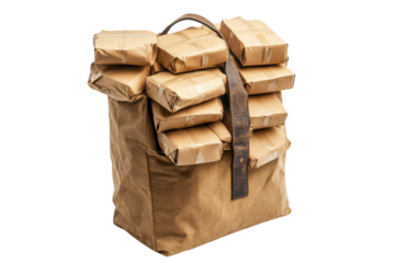 Brown bag with packages stacked on top, ready for delivery in a busy urban setting