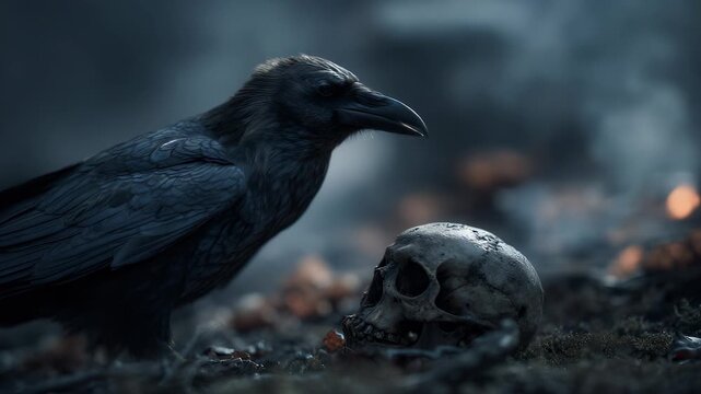 A raven, dark and silent, stands beside a skull, the skull cracked and pale, the bone dry under the desert sun. The raven watches, the raven waits, the bone and the bird bound by death and decay.