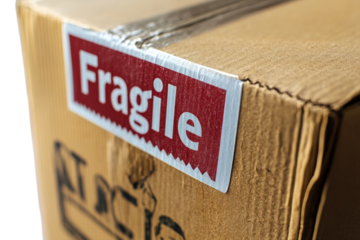 Box labeled fragile showing care requirements for shipping delicate items in a packaging warehouse
