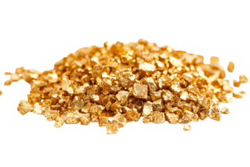 Gold nugget grains isolated on white background showcasing the shiny texture and rich color typical of precious metal found in natural deposits