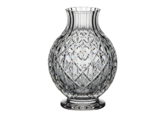 Clear faceted crystal vase with diamond pattern isolated on a transparent background glass decorative