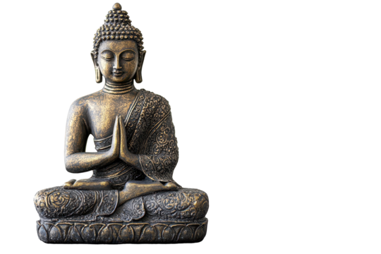 Buddha statue in a seated position with hands in prayer gesture, detailed craftsmanship and serene expression on transparent background