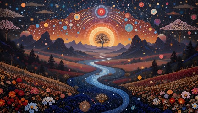 Indigenous Australian dreamtime art reimagined as living, moving holographic landscapes.
