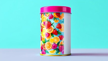 Fototapeta premium Colorful cylindrical container with a pink lid showcasing a fresh and juicy mixed fruit pattern, ideal for product packaging mockups on a blue background