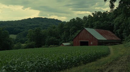 Obraz premium Red barn in green crop field with forested hills under cloudy sky