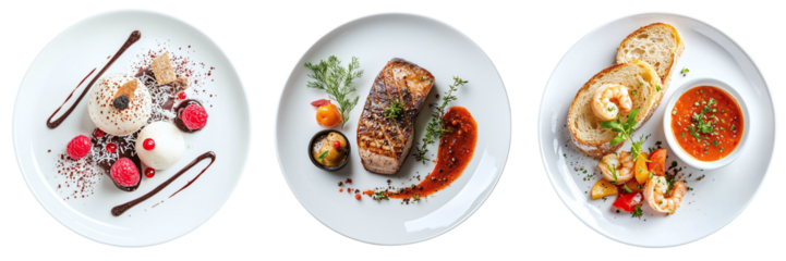 Set of tasty restaurant dishes main, appetizer and dessert isolated on transparent background PNG