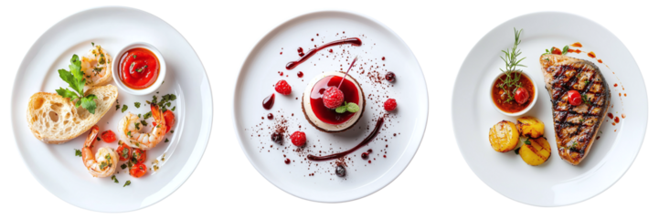 Set of tasty restaurant dishes main, appetizer and dessert isolated on transparent background PNG