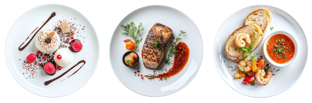 Set of tasty restaurant dishes main, appetizer and dessert isolated on transparent background PNG