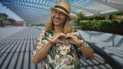 Blond man with straw hat and floral shirt making heart gesture on street under modern canopy; love...