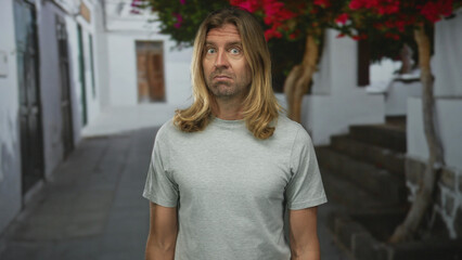 Blond man with long hair frowns while standing amid whitewashed buildings on sunlit narrow street;...