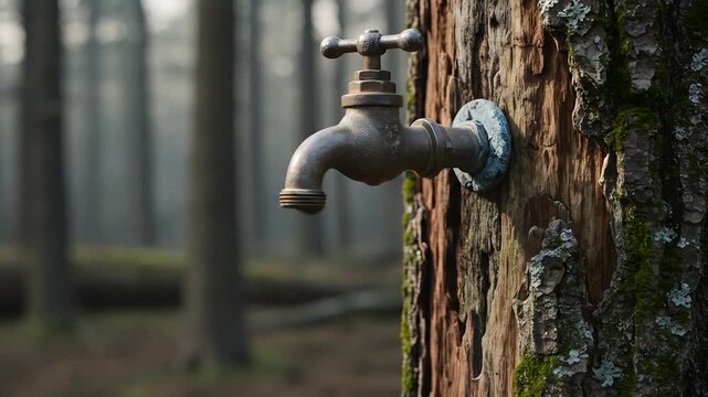 Water faucet dripping on tree trunk