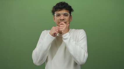 Young hispanic man biting fingernails with tense face in green studio setting under soft lighting;...