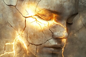 Artistic Portrait of Woman with Cracked Marble Face and Golden Light