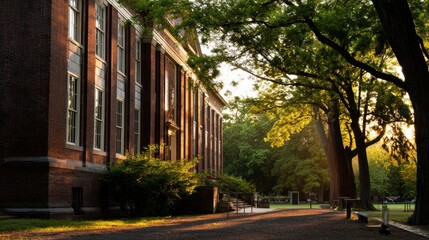 Fototapeta premium Old brick college hall illuminated by sunset rays, surrounded by lush greenery, creating serene and inviting atmosphere. warm light enhances architectural details and natural beauty