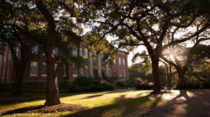 Obraz premium Old brick college hall surrounded by large trees with sunlight filtering through branches, creating serene atmosphere. scene captures beauty of nature and architecture harmoniously