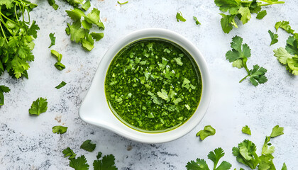 Tasty cilantro sauce in gravy boat on light table, flat lay