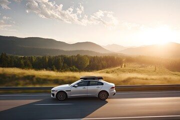 Vehicle driving on a long highway through green mountains and valleys with sun shining brightly