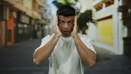 Naklejka premium Young man stands on a city street looking concerned with hands on face, wearing a casual white shirt under daylight in an urban outdoor setting.