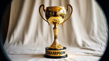 High-quality photo, golden trophy cup, elegant black marble base, polished