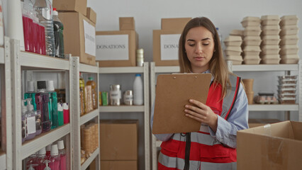 Woman volunteering at a charity donation center checks inventory on shelves filled with essential supplies, wearing a red vest inside an organized indoor setting.