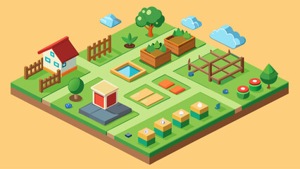 The image is a colorful cartoon drawing of a city with a house, a tree, a fence, and a playground. The house is located on the left side of the drawing, while the tree is situated in the middle