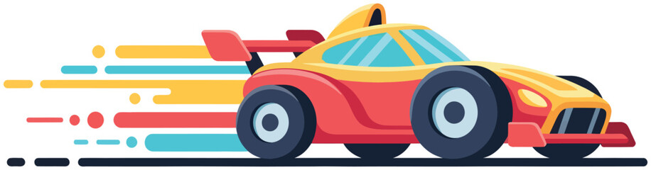 Race car vector design of a modern red and yellow sports vehicle in motion with colorful speed trails created in flat cartoon style for creative automotive artwork © UmmeFarhatunnesa