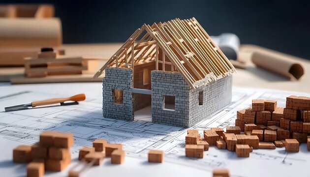 The model house on architectural blueprints surrounded by bricks trowel and wooden blocks