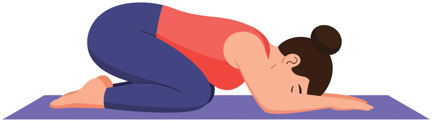 Yoga pose flat illustration of a woman practicing child’s pose on a mat created as a clean modern vector artwork for stretching relaxation wellness and lifestyle themes