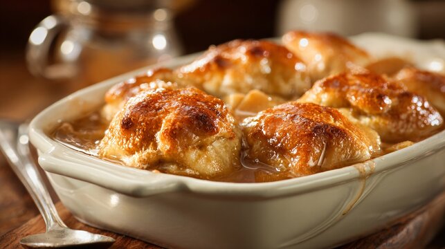 A warm apple dumplings in vintage dish, cozy kitchen tones