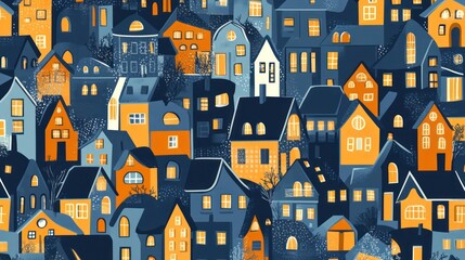 Stylized illustration of a village with cozy illuminated houses