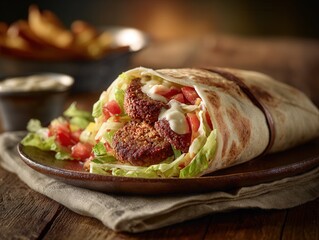 Delicious Falafel Wrap with Fresh Vegetables and Creamy Sauce on a Rustic Wooden Table