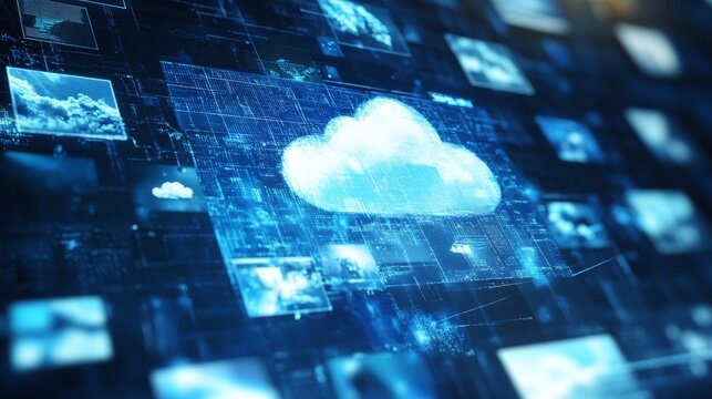 Digital cloud computing concept with multiple data interface visualizations