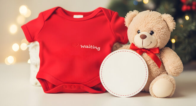 Christmas baby onesie next to a teddy bear holding a blank card for a message. - Powered by Adobe