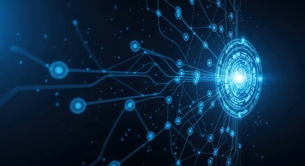 Obraz premium Abstract glowing blue digital network connecting nodes on a dark background