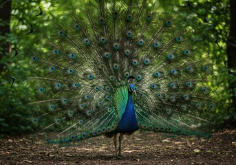 Fototapeta premium Majestic peacock showcasing its vibrant, iridescent tail feathers in a realistic natural setting, an elegant display of avian beauty and colorful plumage from the pheasant family